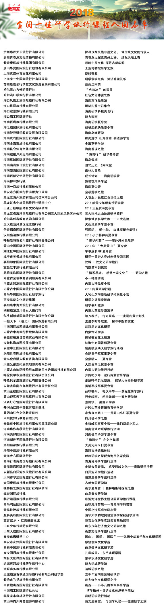 2018寻找全国最美研学旅行教育基地暨十佳课程征集活动系列入围名单出炉